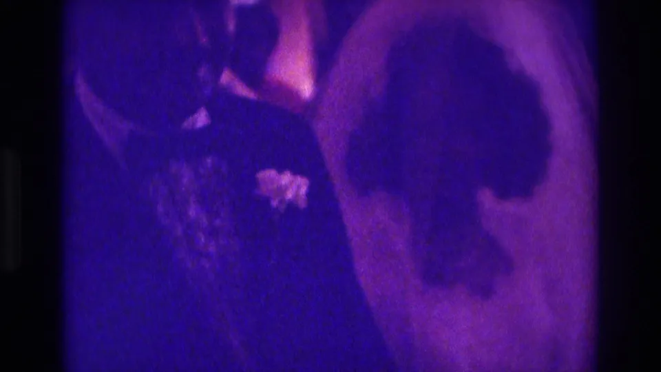 Purple-tinted 8mm frame of the bride and groom close together during the Atlanta wedding reception.