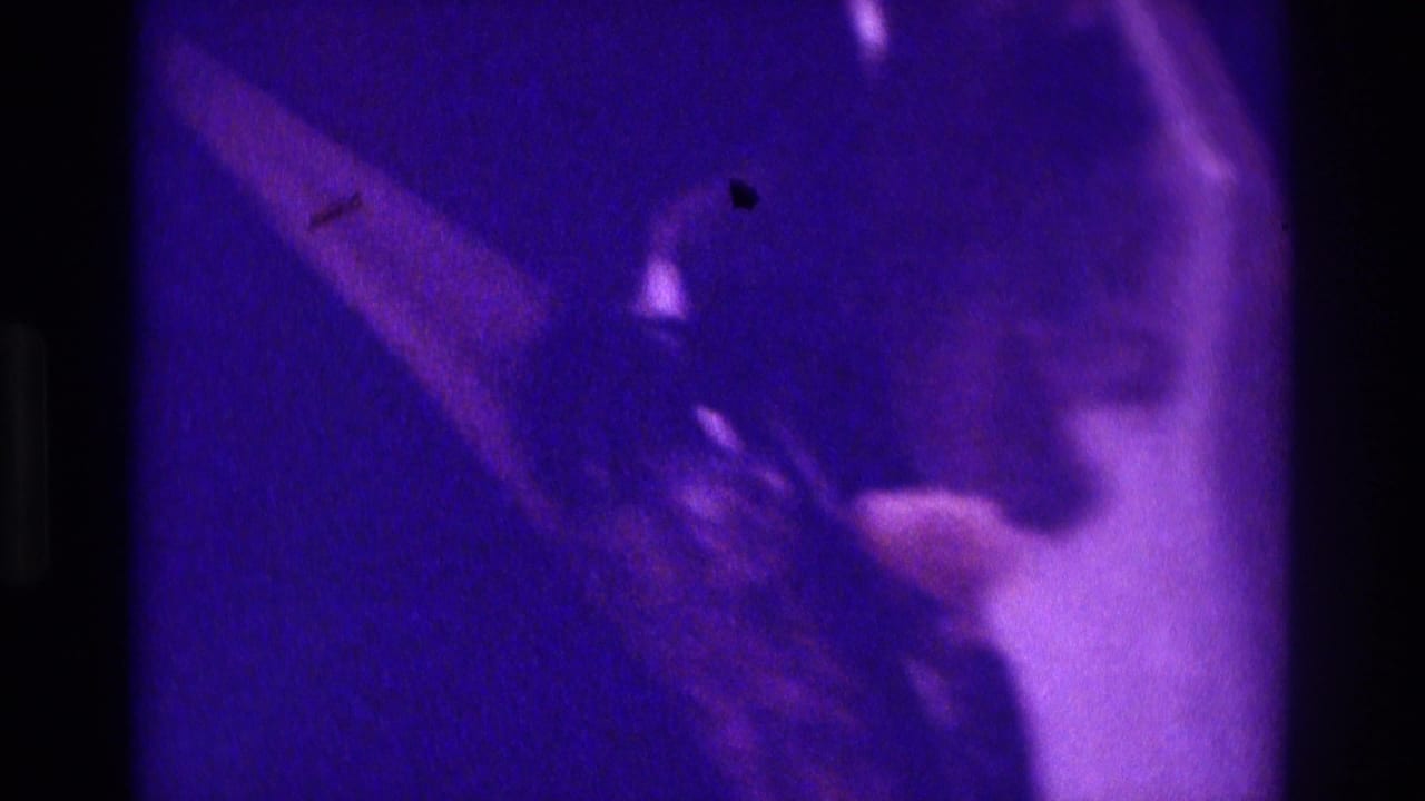 1975 Atlanta wedding frame with the bride's veiled face and escort visible in dim purple ceremony light.