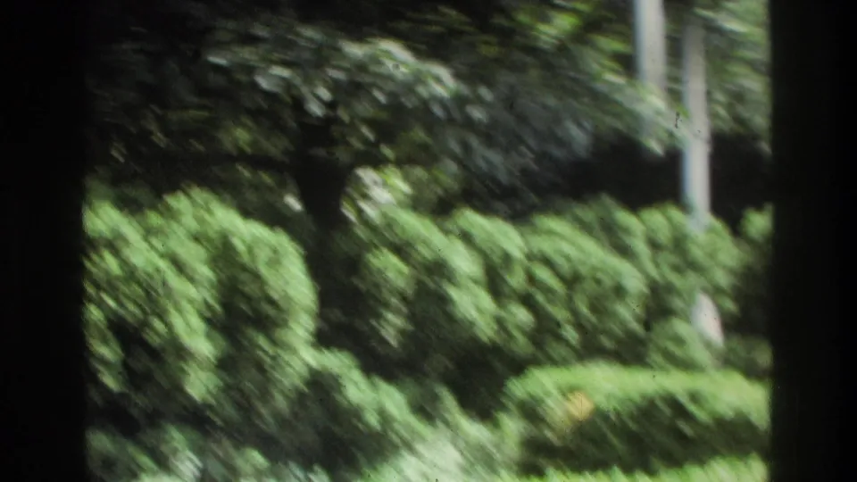 1975 Atlanta 8mm frame focused on dense green shrubs and trees, with a partial monument column near the right edge.