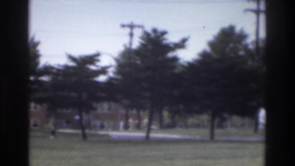 1975 Atlanta roadside view with trees, utility poles, grass, and a low building softened by motion blur and 8mm grain.