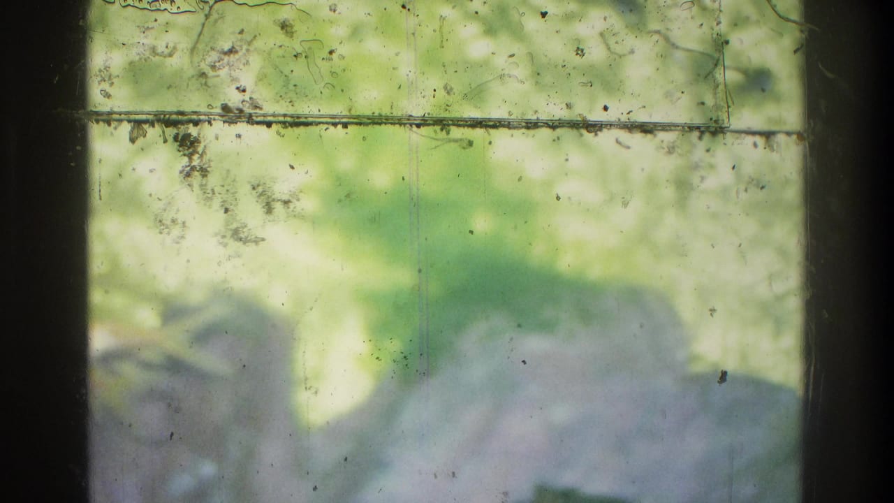 1975 Atlanta 8mm frame with a blurred person close to the camera, pale clothing, and soft green outdoor background.