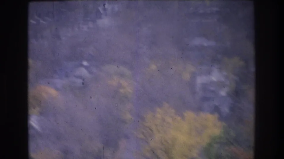 Soft 8mm frame from Atlanta-area 1975 footage, showing blurred foliage, road traces, and window obstruction.
