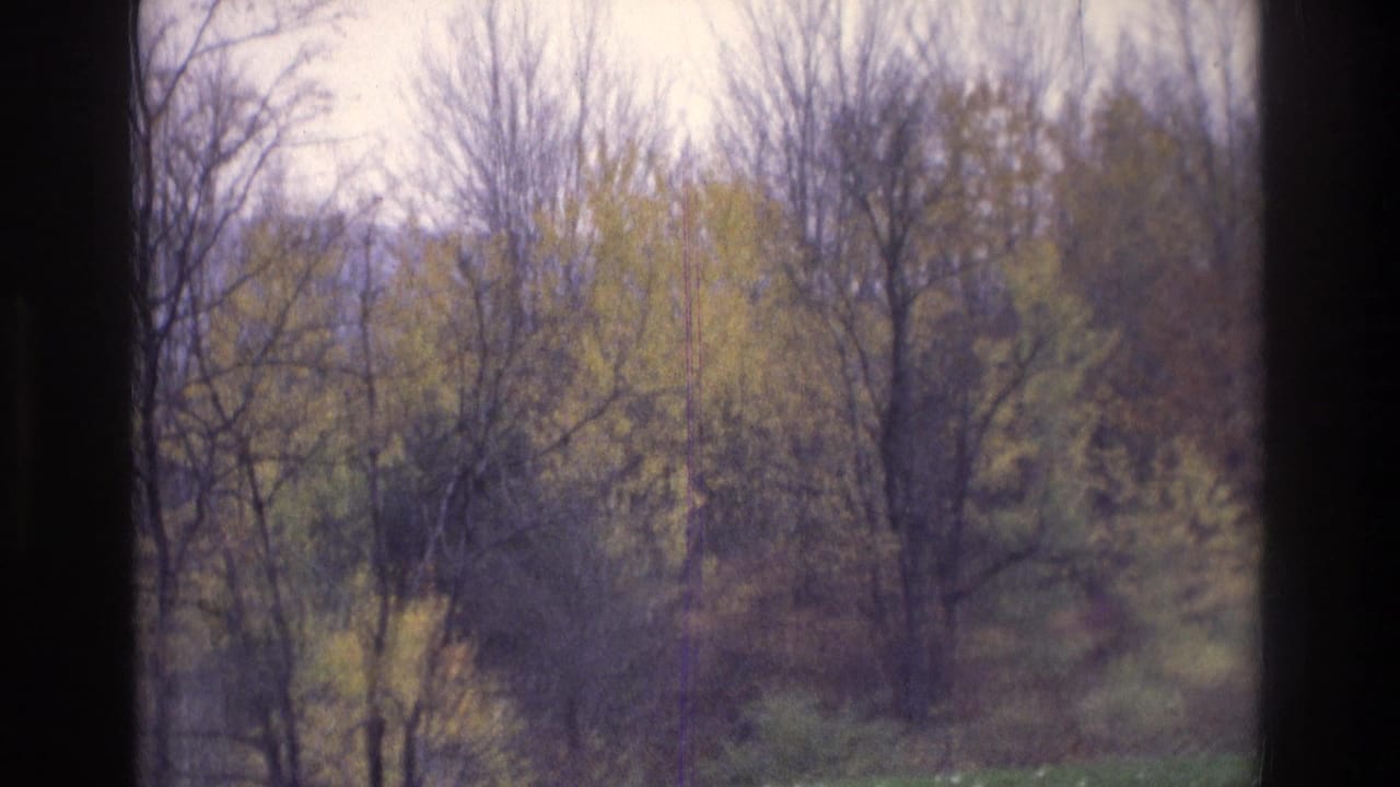 1975 Atlanta-area 8mm frame with leafing trees, distant hills, overcast light, and a central dark window divider.