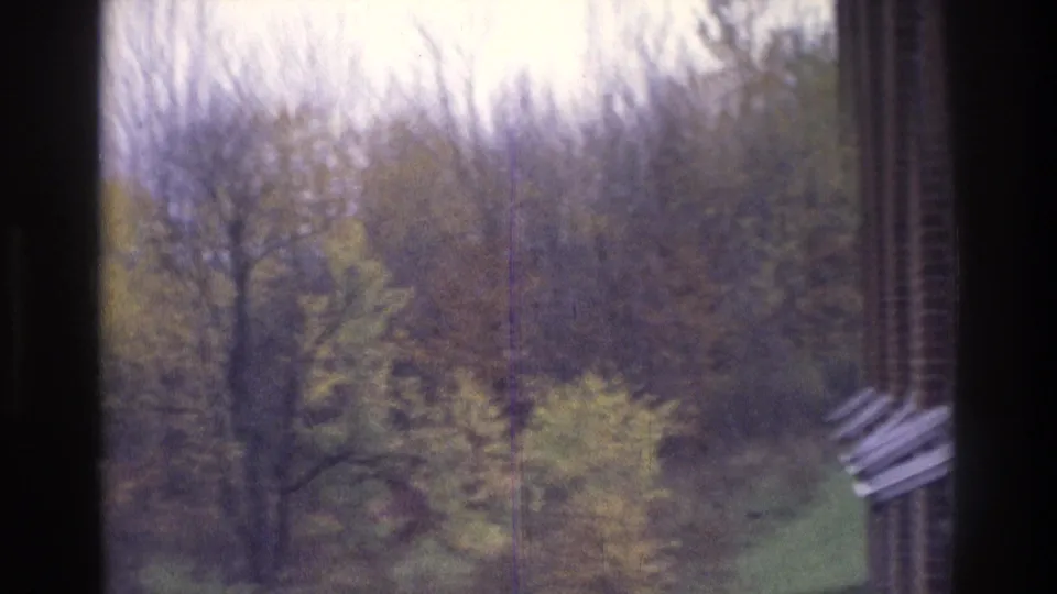 1975 Atlanta-area 8mm frame showing blurred woodland, green ground, and a brick or window-edge detail at right.