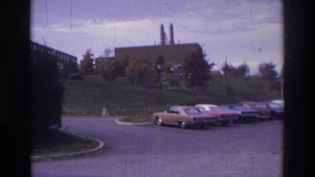 Row of parked cars beside grass with a brick building and smokestacks behind.