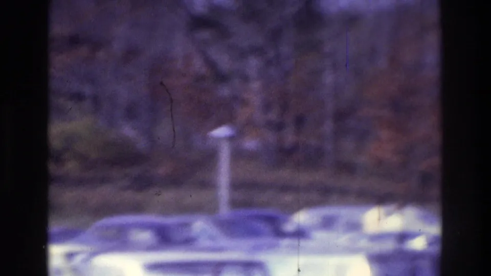 Soft-focus 1975 Atlanta 8mm frame showing parked cars beyond dark vertical window bars and trees.