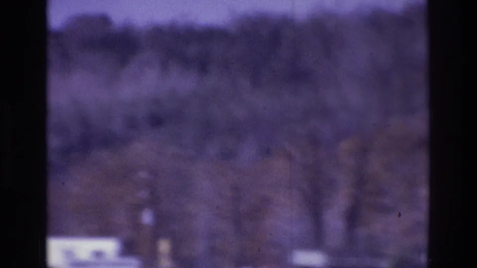 Soft 8mm frame from the Atlanta clip showing blurred trees, ground, and a partial pale vehicle near the lower edge.