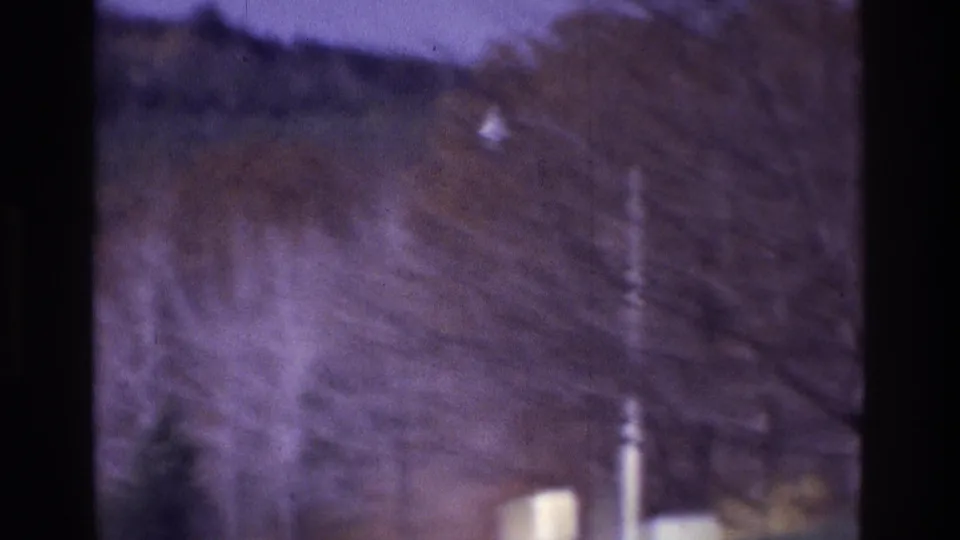 1975 Atlanta home-movie frame with trees, roadside ground, a dark window bar, and a partial pale car near the top.