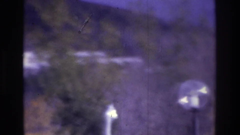 1975 Atlanta-area 8mm frame of a wooded hillside with purple color cast, multiple bright circular artifacts, and visible scratches.