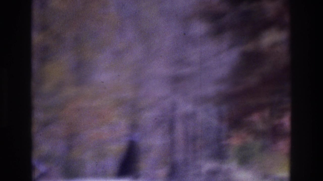 Soft 1975 Atlanta 8mm frame looking through dark vertical framing toward a wooded outdoor area with purple-green color cast.