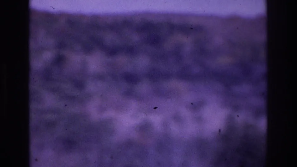 Indistinct 1975 Atlanta outdoor home-movie frame with purple fading, soft background shapes, and visible film grain.