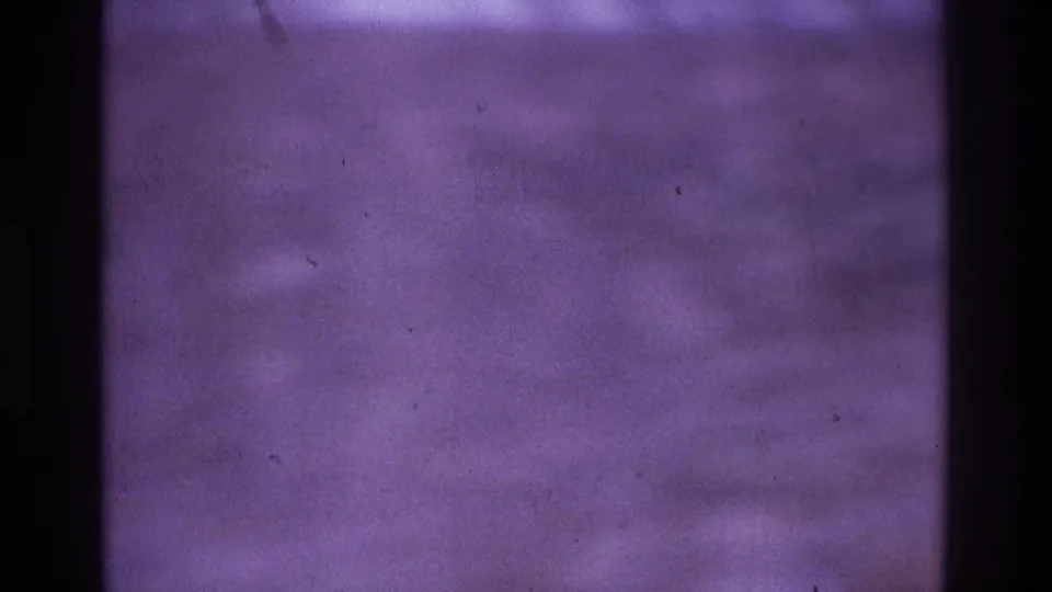 Faded 1975 Atlanta outdoor home-movie frame showing indistinct yard scenery with purple cast, scratches, and dust.