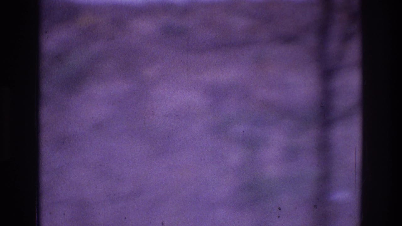 Soft, purple-tinted 1975 8mm frame from the Atlanta metadata set, showing blurred hills or water through dark foreground bands.