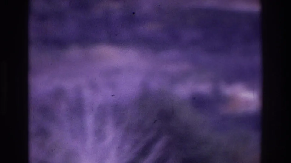 Purple-shifted 8mm frame, likely from the Atlanta 1975 clip metadata, with blurred trees or hills behind dark vertical foreground forms.