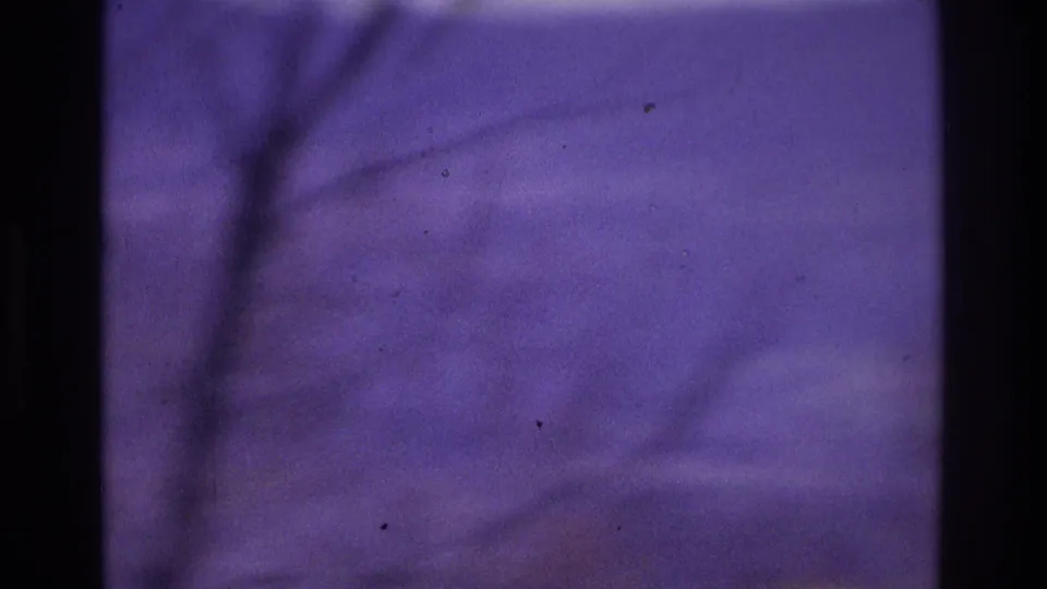 1975 8mm home-movie frame of a purple-shifted misty hillside view near the Atlanta, Georgia metadata location, with dark framing at the sides.