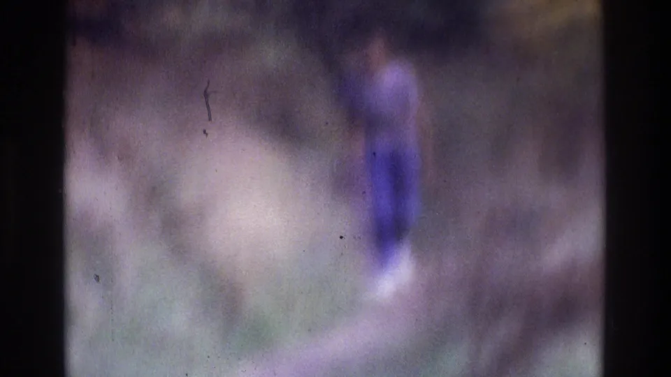 Soft 8mm frame of an adult in a pale shirt and dark pants near a tree in the supplied 1975 Atlanta wooded setting.