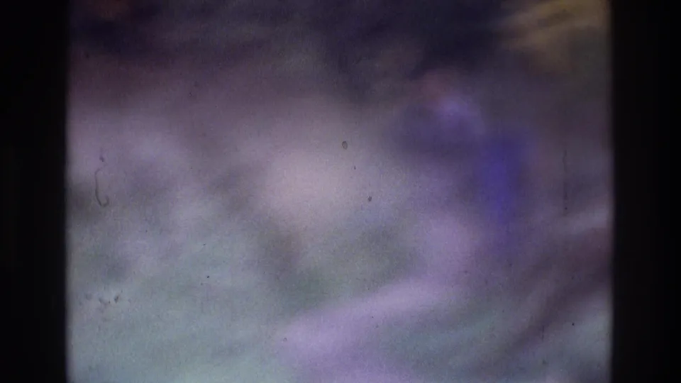 Blurry 1975 Atlanta home-movie frame showing a barely resolved person outdoors amid foliage and strong film wear.