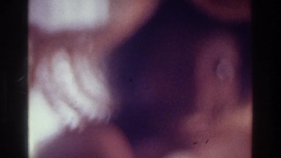 1975 Bronx home-movie frame showing a backlit profile of a woman in a wide-brimmed hat against a curtain.