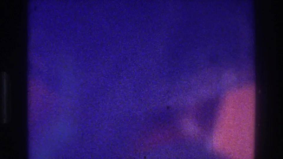 Soft 8mm close-up with blue-purple cast, visible grain, and a warm reddish area that may be fabric or reflected light.