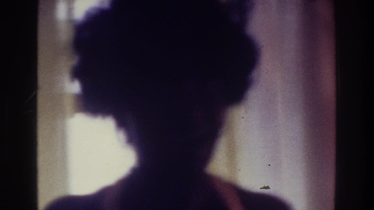 1975 Bronx home-movie frame showing a woman's dark profile and curly hair silhouetted against bright window light.