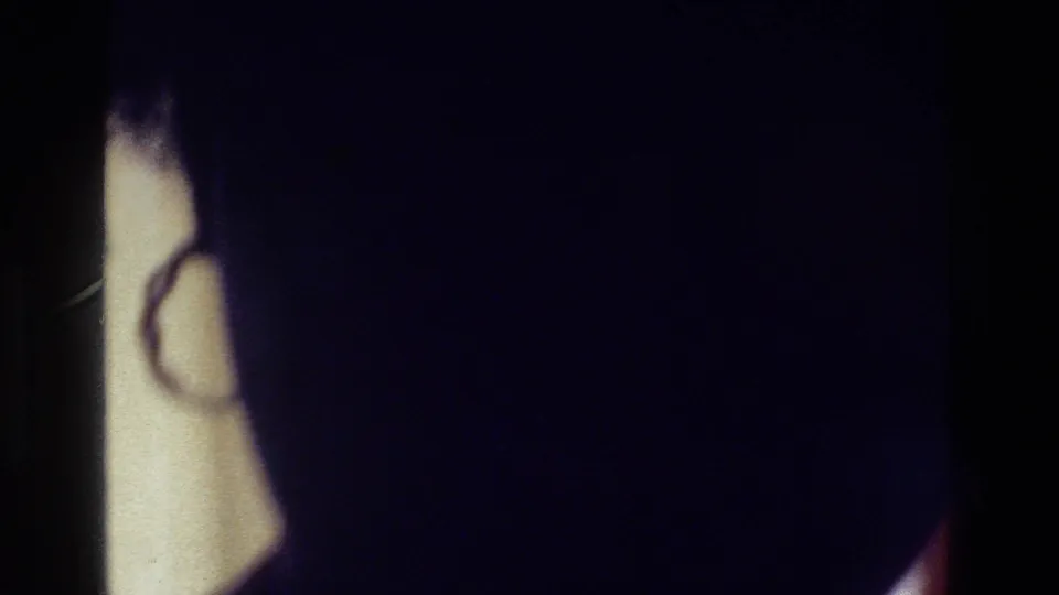 Low-light 1975 Bronx home-movie frame with a mostly dark figure beside a bright window or doorway edge.