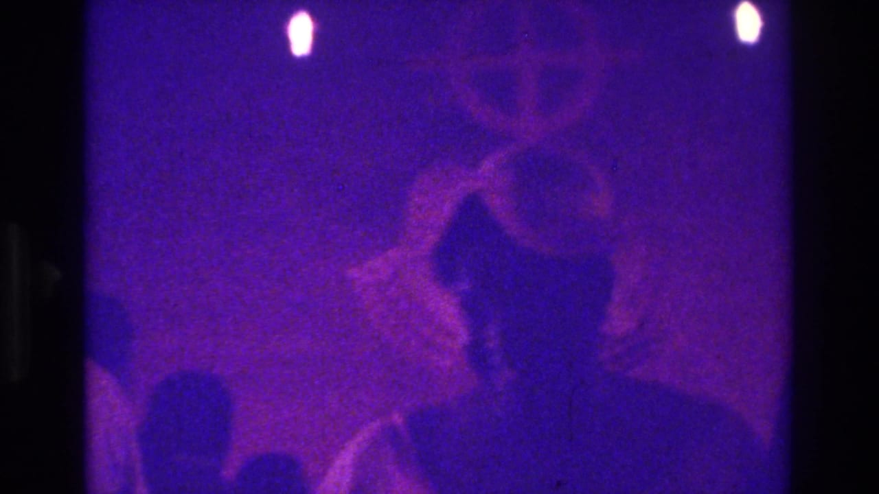 Silhouetted wedding participants and guests in purple-tinted church footage.