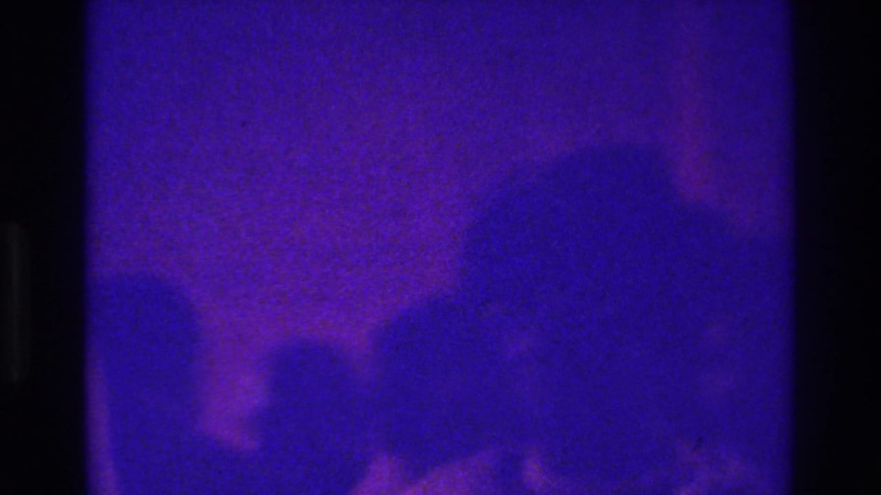 Dark, blurry purple-blue frame with indistinct shapes and little identifiable detail.