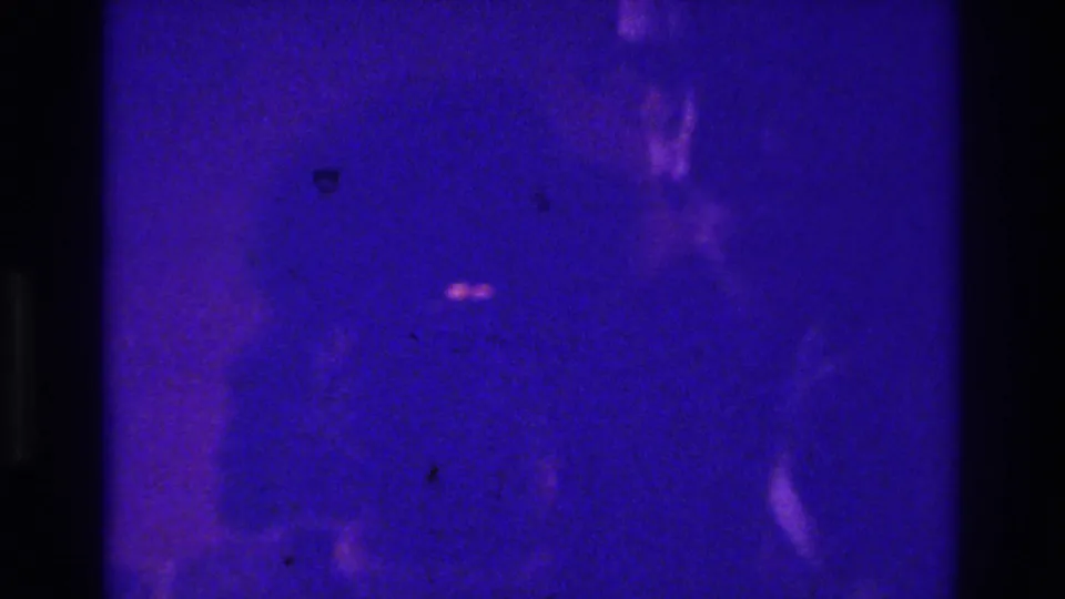 1975 Bronx 8mm frame showing a barely visible figure or movement in purple-blue darkness, with dust specks and motion blur.