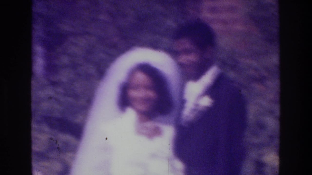 1975 Bronx wedding footage shows a smiling bride in veil with the groom beside her against a soft outdoor background.
