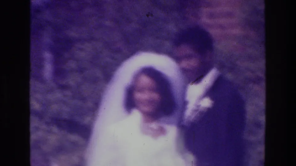 Soft 8mm frame from a Bronx wedding scene, with the bride's veil bright against the groom's dark suit and greenery behind them.