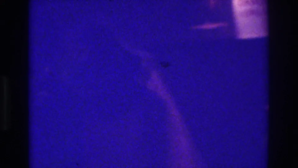 1975 Bronx 8mm frame with a faint low silhouette, blue-purple cast, heavy grain, and little identifiable detail.