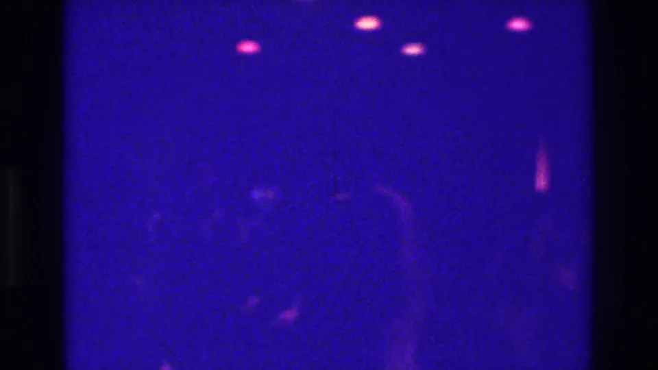 1975 Bronx 8mm frame showing shadowy figures on a dance floor beneath purple-blue light and small pink light sources.