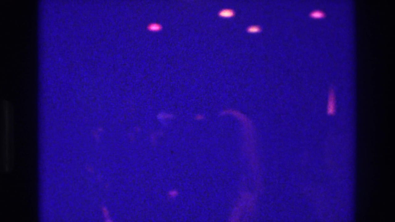 1975 Bronx club footage showing soft silhouettes under purple-blue light and small magenta ceiling lights.