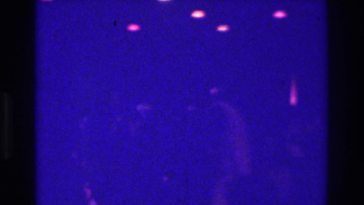 Dim dance floor with soft figures and glowing magenta overhead lights.