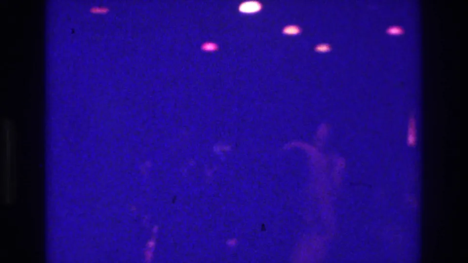 Home-movie frame from the purple-lit club showing blurred dancer silhouettes and bright magenta light spots.