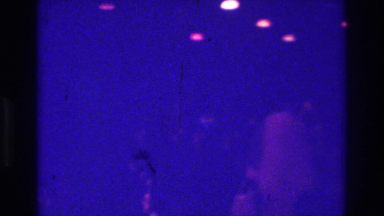 Blue-lit nightclub frame with indistinct standing figures and glowing ceiling lights.