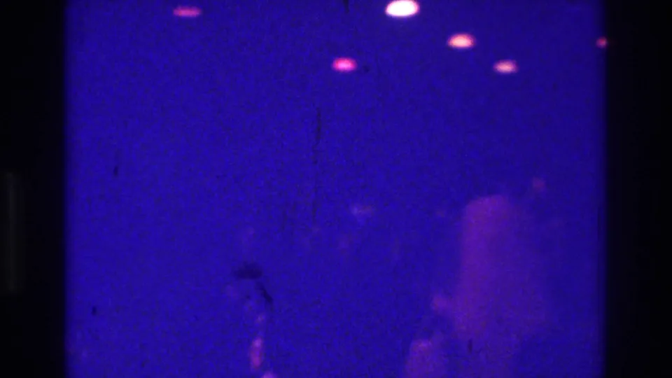 1975 Bronx club footage frame showing soft human silhouettes in deep blue light with pink-white ceiling flares.