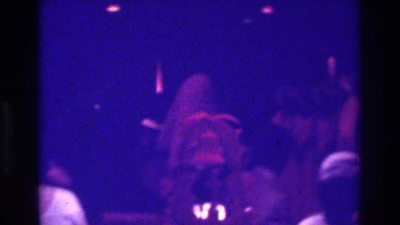 Low-light reception view with a central figure and guests partly visible in colored light.