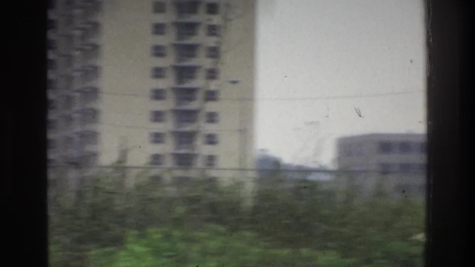 Bronx urban view from a moving vehicle, showing a tall apartment block beyond roadside greenery and lower structures.