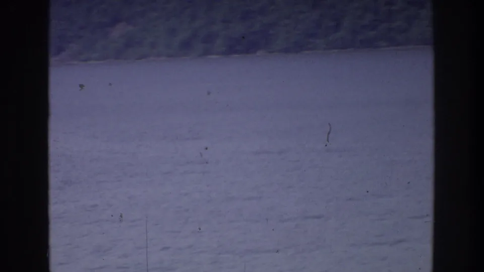 8mm home movie frame from approximately 1975 showing calm water and a steep forested shore, likely along a New York-area waterway, shot from a moving boat.