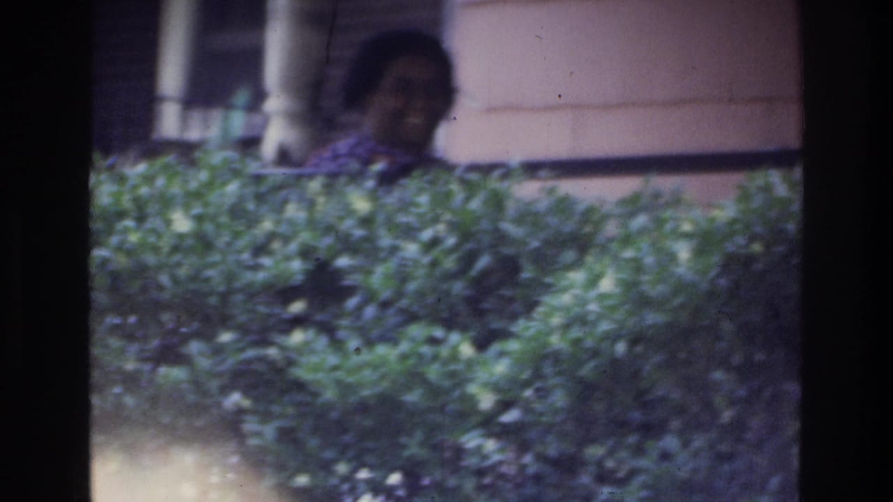 Woman in a blue-patterned blouse looking toward the camera above a green hedge near a columned portico, Washington DC area, circa 1975.