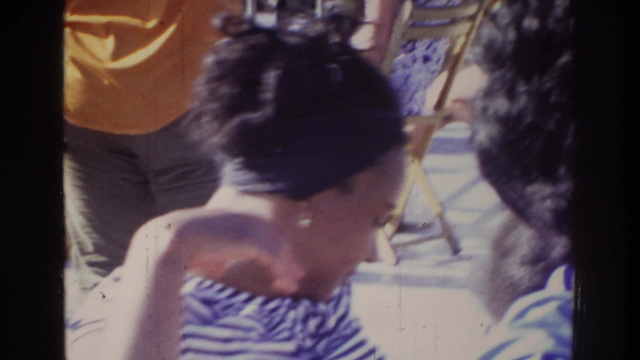 Close-up of a woman in a blue-and-white striped top at an outdoor gathering, Washington DC, 1975; gold-framed folding chairs and attendees behind her.
