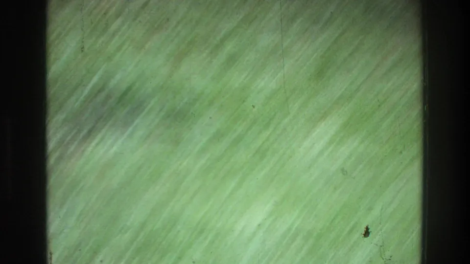 Motion-blurred lawn pan near the end of an 8mm home movie shot, green grass streaked by rapid camera movement, c. 1975