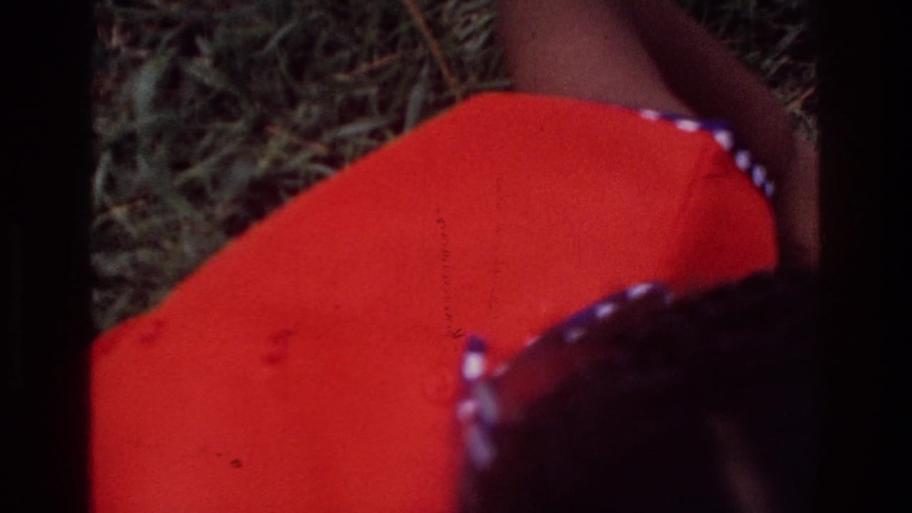Extreme close-up of a red garment with dotted trim, likely a transitional frame as the camera moved across a scene in this 1970s 8mm home movie.