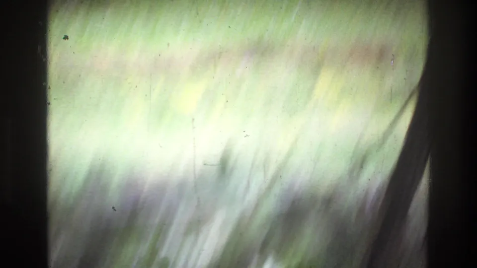 Out-of-focus frame of green vegetation or foliage very close to the lens, likely from camera movement during this 8mm home movie sequence.