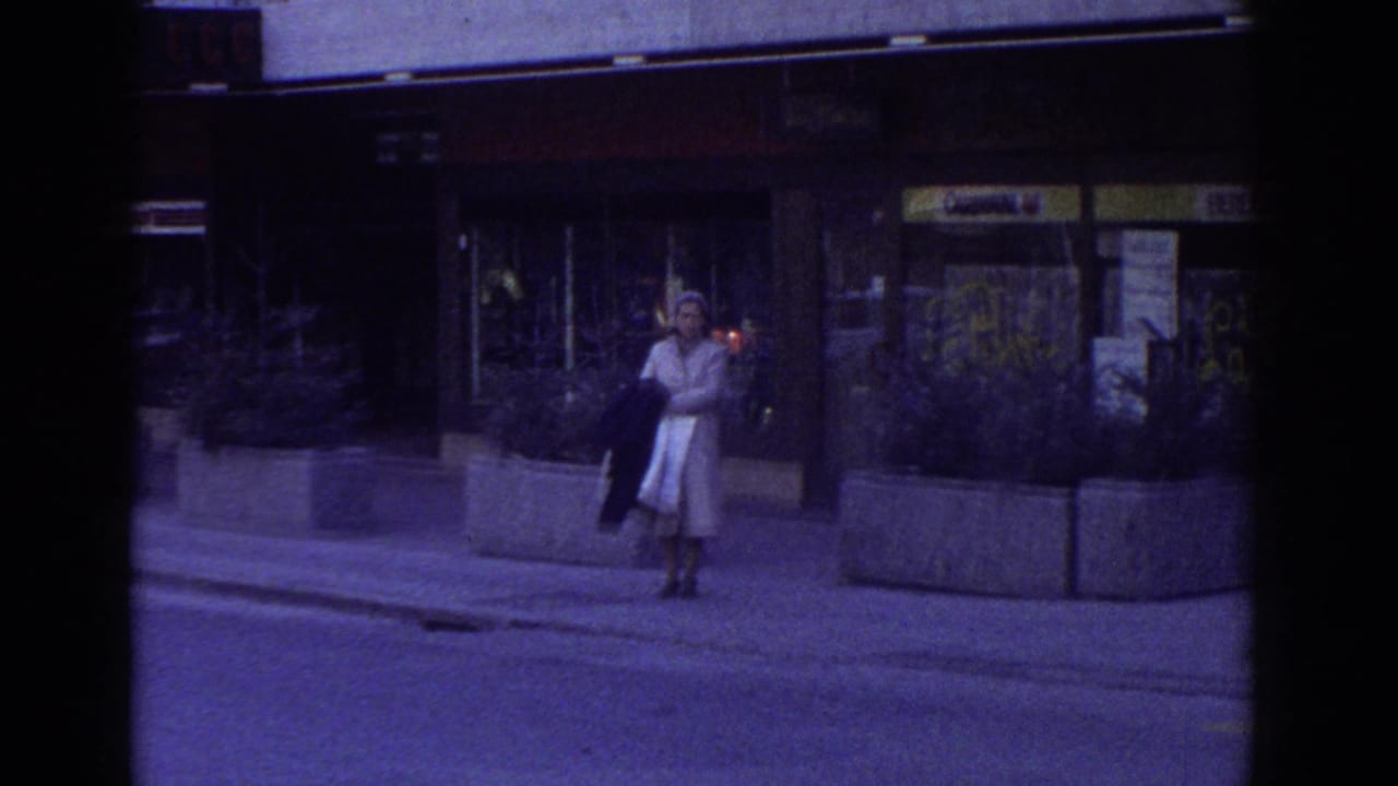 1976 Bern, Switzerland: woman in 1970s coat and skirt on a sidewalk beside raised concrete planters with greenery; commercial building facade with yellow signage at right.