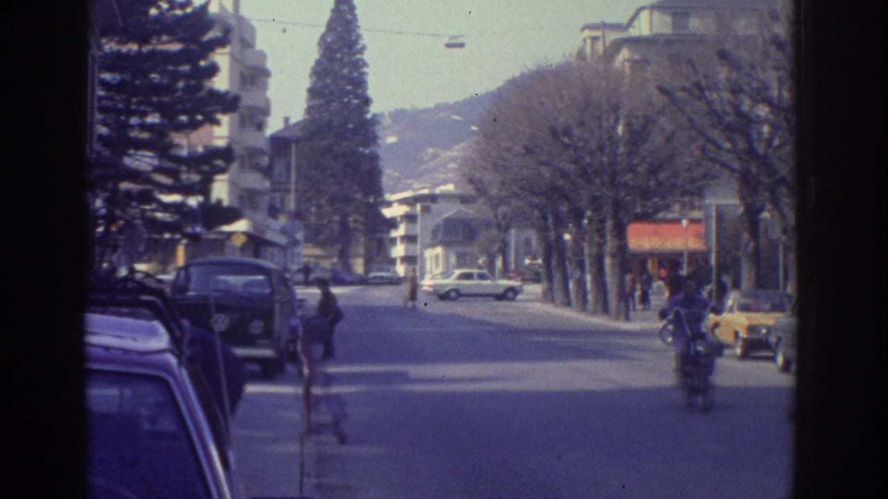 1976 8mm home movie of a Bern, Switzerland boulevard in winter with a tall evergreen conifer on the left, 1970s cars, a motorcyclist, and pedestrians.