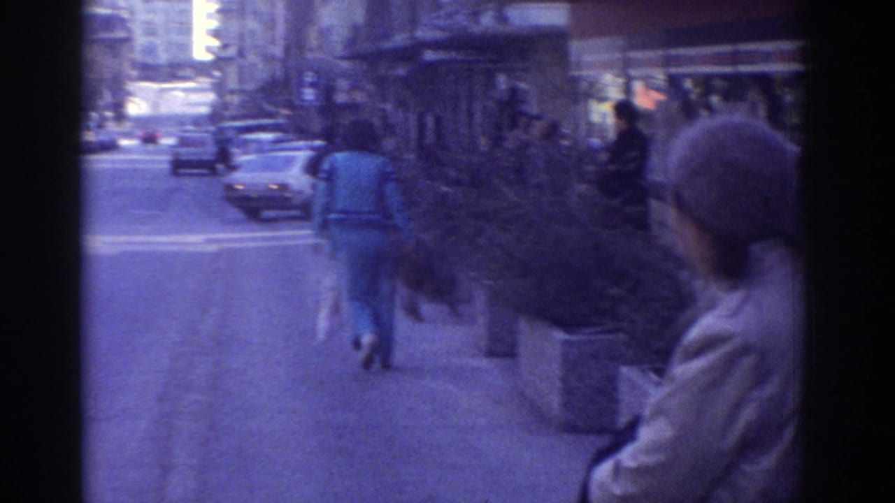 1976 Bern street scene on 8mm film: blue-jacketed pedestrian walking away, second figure in knit cap in foreground, additional passersby and 1970s European cars visible in background.
