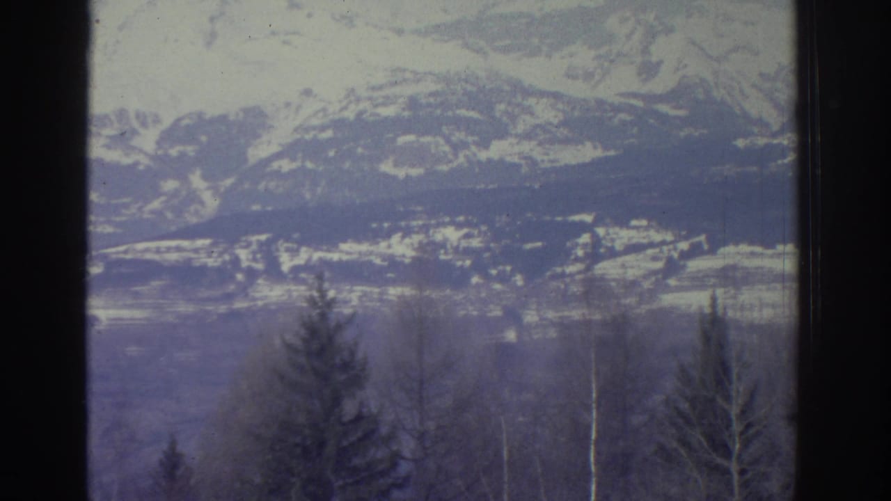 8mm home movie frame from 1976 showing an Alpine mountain panorama with snow-covered peaks, a snowy valley, and coniferous and bare deciduous trees in the foreground.