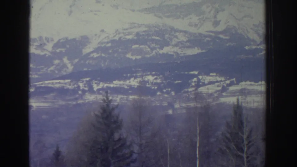 8mm home movie frame from 1976 showing an Alpine mountain panorama with snow-covered peaks, a snowy valley, and coniferous and bare deciduous trees in the foreground.